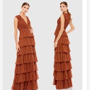 Ieena for Mac Duggal Nutmeg Orange Sparkly Ruffle Layered Gown SZ 10 NWT